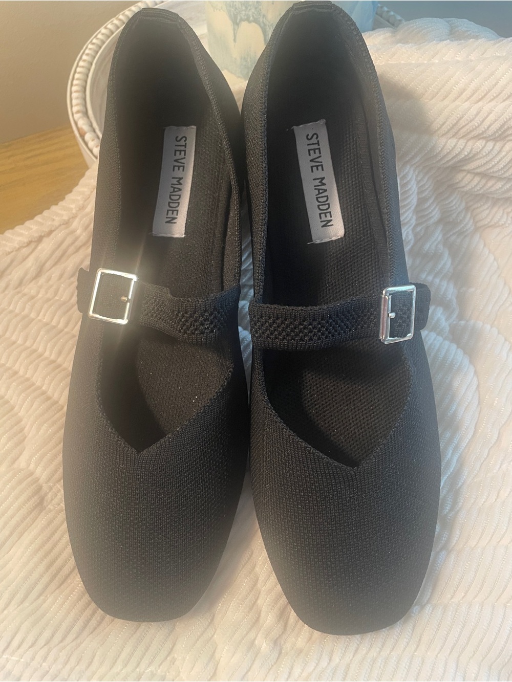 Steve Madden Black Knit Mary Jane Flats with Silver Buckles Size 8 NWOT
